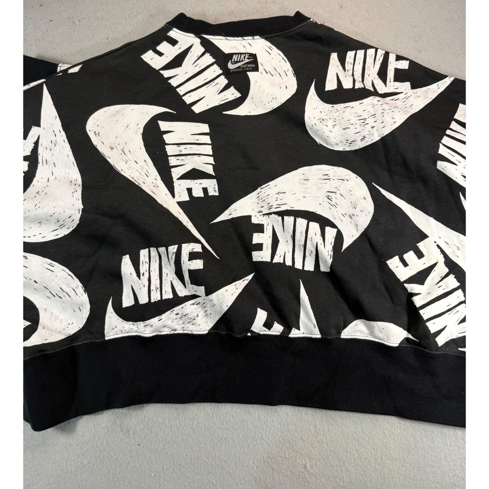Nike Sportswear Womens Black All Over Print Swoosh Logo Cropped Sweatshirt L - Picture 6 of 8